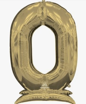 Gold foil number zero balloon with a self-standing base, measuring 54 inches tall.
