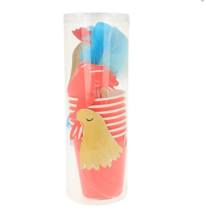 Set of colorful paper cups in a clear cylindrical container on a white background