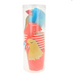 Set of colorful paper cups in a clear cylindrical container on a white background