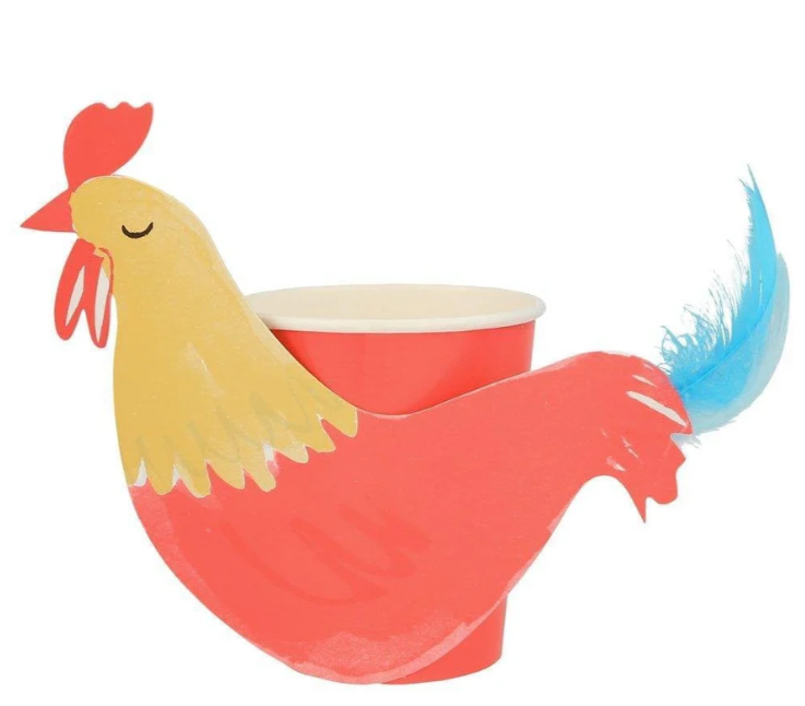 On The Farm Rooster party cup with red cup, colorful rooster wrap and blue feather tail accent.