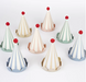 Animal Friends party hats with pastel stripes, scalloped bases, and red pom-pom toppers.