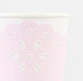 Close up  of a Broderie Anglaise pink and peach paper cup with delicate floral cutout details.