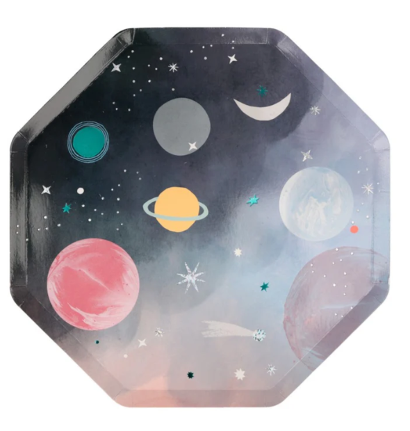 Space dinner plate with colorful planets, stars, moons, and galaxy details on an octagon-shaped plate.