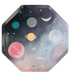 Space dinner plate with colorful planets, stars, moons, and galaxy details on an octagon-shaped plate.