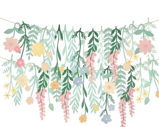 Floral Paper Backdrop with layered paper greenery, hanging leaves, and pastel flowers.