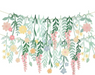 Floral Paper Backdrop with layered paper greenery, hanging leaves, and pastel flowers.