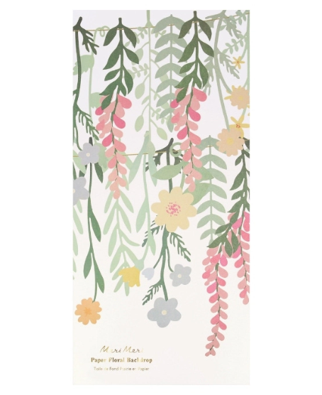 Packaged Floral Paper Backdrop with layered paper greenery, hanging leaves, and pastel flowers.
