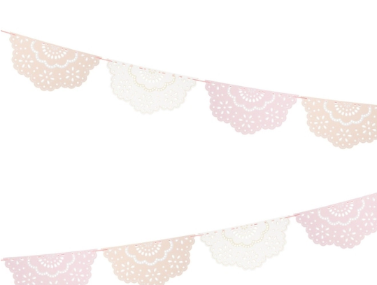 Broderie Anglaise Pink/Peach Pennant Garland with lace-inspired scalloped pennants in soft pink, peach, and white.