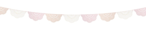Broderie Anglaise Pink/Peach Pennant Garland with lace-inspired scalloped pennants in soft pink, peach, and white.