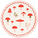 Merry Mushrooms Dinner Plate with red, pink, and neutral mushroom illustrations, a cream background, and a red wavy border.
