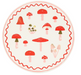 Merry Mushrooms Dinner Plate with red, pink, and neutral mushroom illustrations, a cream background, and a red wavy border.
