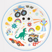 Toybox Icon Large Plate featuring colorful illustrations including race cars, dinosaurs, robots, rainbows, smiley faces, and playful comic-style icons on a white background.
