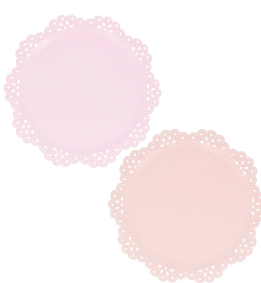 Broderie Anglaise Pink/Peach Dinner Plates in soft pastel shades with lace-inspired scalloped edges and cutout details.
