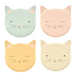Four pastel-colored cat face plates on a white background
