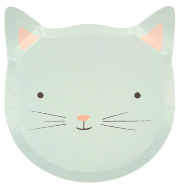 Mint green cat-shaped plate with pink accents on a white background