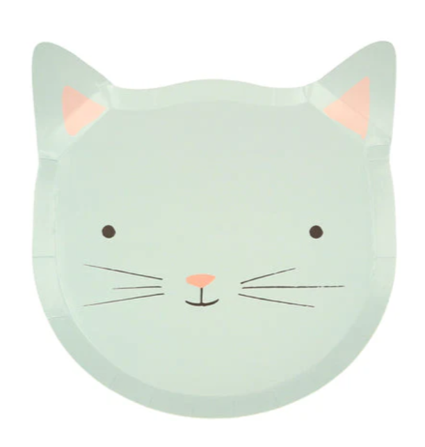 Mint green cat-shaped plate with pink accents on a white background