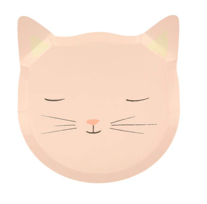 Cat-shaped pink paper plate with a white background