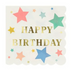 Happy Birthday Stars Small Napkin with gold birthday lettering, colorful stars, and scalloped edges on a soft cream background.
