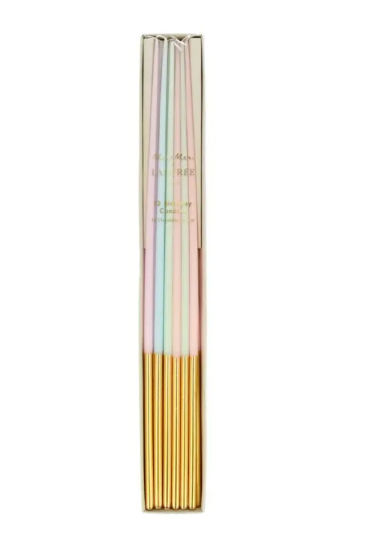Pastel Gold Leaf Tall Tapered Candles in soft pink, mint, blue, and ivory shades with metallic gold-dipped bases.
