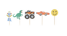Set of colorful toy figures on sticks with a white background