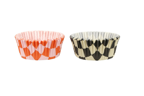 Two checkered cupcake liners, one red and white, one black and white, on a white background.