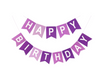 Purple 'HAPPY BIRTHDAY' banner with triangular flags and cutout lettering, shown on a plain white background.