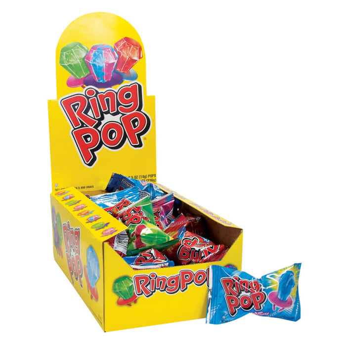 Ring Pop: a ring-shaped hard-candy lollipop mounted on a plastic ring. Individually wrapped, 0.5 oz size.