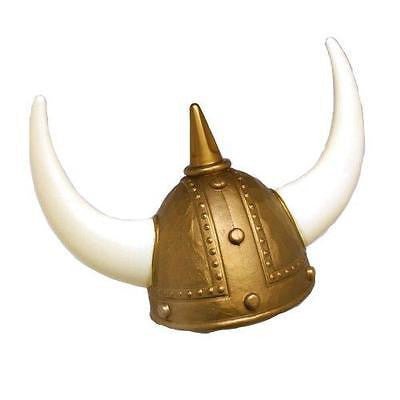 Bronze Viking helmet with a pointed center spike and two large curved ivory-colored horns extending outward, featuring decorative rivets and panels.