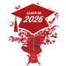 Red graduation cap centerpiece spray decoration with "Class of 2026" text, featuring stars and a red ribbon-tied base.