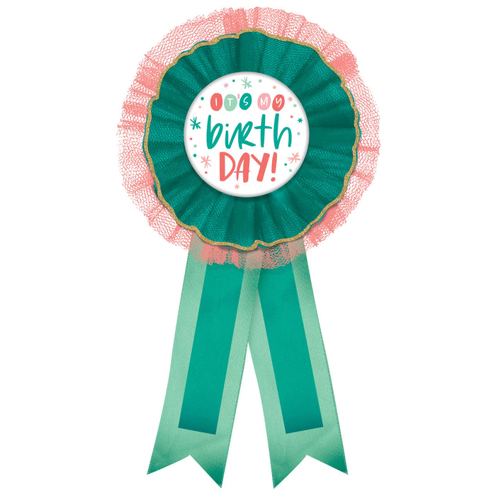 Happy Cake Day Award Ribbon with teal ribbon tails, coral tulle trim, gold edging, and a center button that reads it’s my birthday.