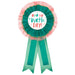 Happy Cake Day Award Ribbon with teal ribbon tails, coral tulle trim, gold edging, and a center button that reads it’s my birthday.