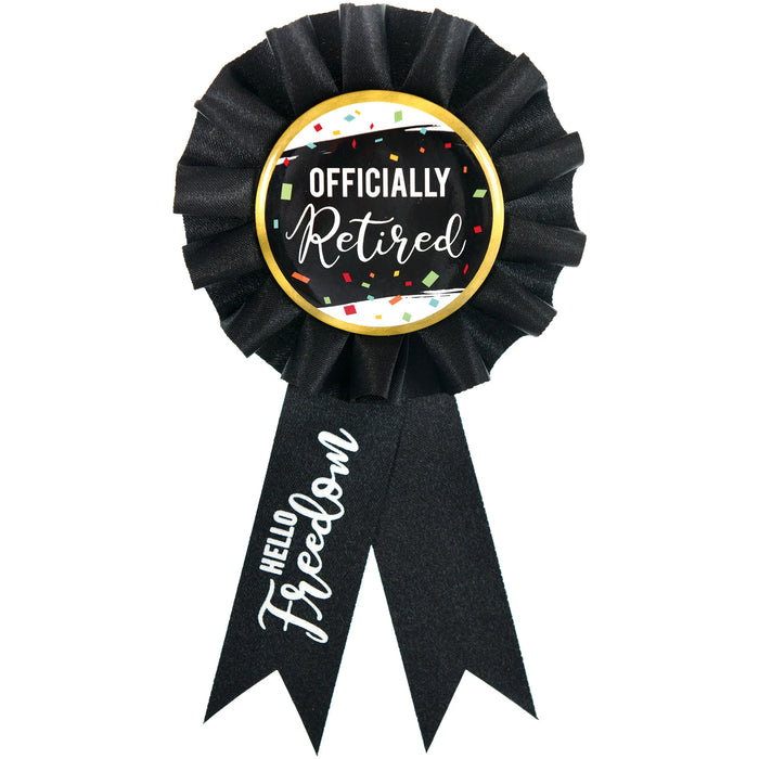 Officially Retired Award Ribbon featuring a black rosette with gold trim, colorful confetti accents, and black ribbon tails with Hello Freedom text.