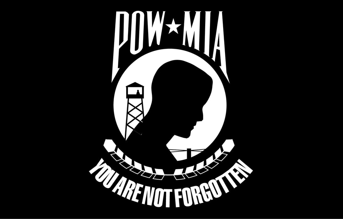 Black and white POW/MIA flag featuring a silhouetted profile head with a watchtower, star, and "You Are Not Forgotten" text on white circular background.