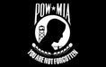 Black and white POW/MIA flag featuring a silhouetted profile head with a watchtower, star, and "You Are Not Forgotten" text on white circular background.