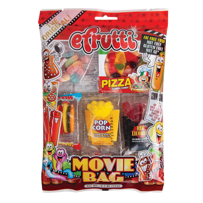 Efrutti Gummi: soft, chewy gummy candies. Sold in a 2.7 oz printed theater-style box, printed with the brand name and product.