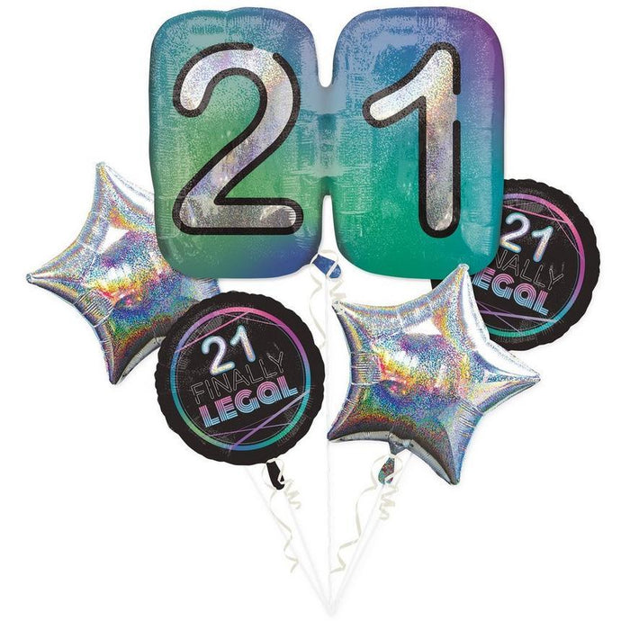 Five iridescent balloons in a bouquet featuring large "21" numbers in gradient teal-to-purple, two round black balloons labeled "21 Finally Legal," and two holographic star-shaped balloons.
