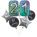 Five iridescent balloons in a bouquet featuring large "21" numbers in gradient teal-to-purple, two round black balloons labeled "21 Finally Legal," and two holographic star-shaped balloons.