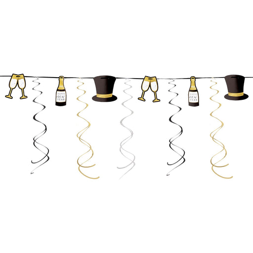 This New Year's collection includes a 9-foot-long, 1ct swirl garland and top hat decoration. Perfect for festive holiday décor, this garland is sure to bring a cheery atmosphere to any event.