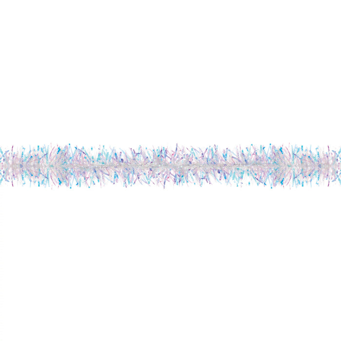 Luminous Tinsel Garland featuring iridescent blue, pink, purple, and silver strands on a white background.