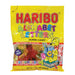 Haribo Alphabet Letters Gummi Candy: novelty gummy candies shaped like little foods. Sold in a 5 oz clear plastic peg bag that hangs from a printed header card, with the candy visible inside.