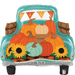 Turquoise truck-shaped foil balloon decorated with autumn pumpkins, sunflowers, and fall bunting, labeled SUN-FLR on the license plate.