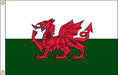 The Welsh flag features a red dragon with extended wings and tail centered on a white upper half and green lower half.