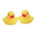 Two small yellow rubber ducks with orange beaks and black eyes sitting side by side.