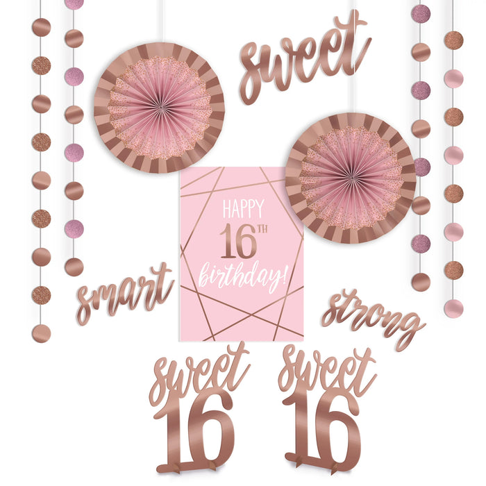 Blush Sixteen Room Decorating Kit with blush pink and rose gold sweet 16 decorations, hanging garlands, paper fans, signs, and tabletop accents.