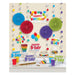 Colorful birthday party decoration kit featuring four large paper fan rosettes in blue, red, purple, and lime green, hanging paper balloon garland strings, small colored ball ornaments, cardboard cake toppers, and table decorations with "Happy B-Day" text in various colors.