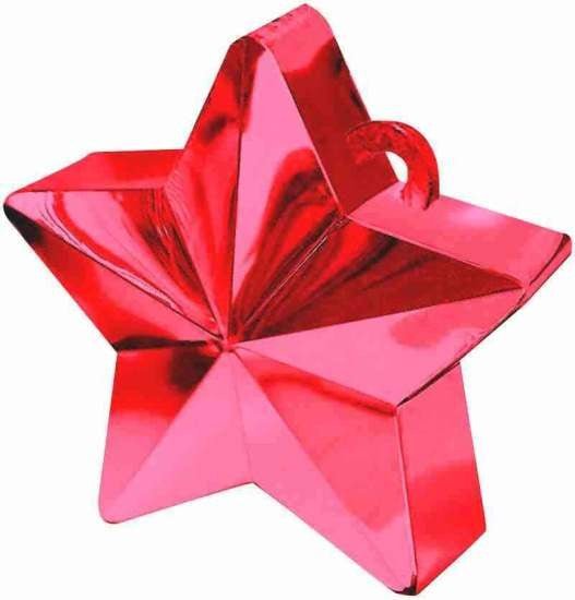 Bright red and pink metallic star-shaped balloon weight with a handle loop on top.