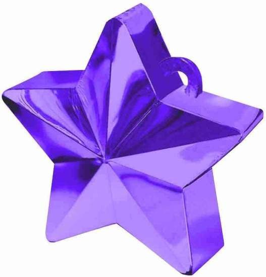 Purple metallic star-shaped balloon weight with a shiny finish and handle loop on top.
