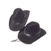 Two black felt cowboy hats displayed at angles, each featuring a leather band around the crown and chin strap.