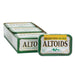 Altoids Spearmint Mints: small mints, pale green in color. Sold in a 1.76 oz small hinged metal tin, printed with the brand name and product.