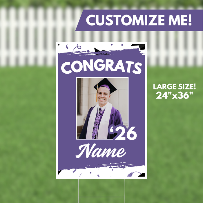 Purple and white yard sign featuring a photo of a graduate in cap and gown with "CONGRATS '26 Name" text, measuring 24 inches by 36 inches.